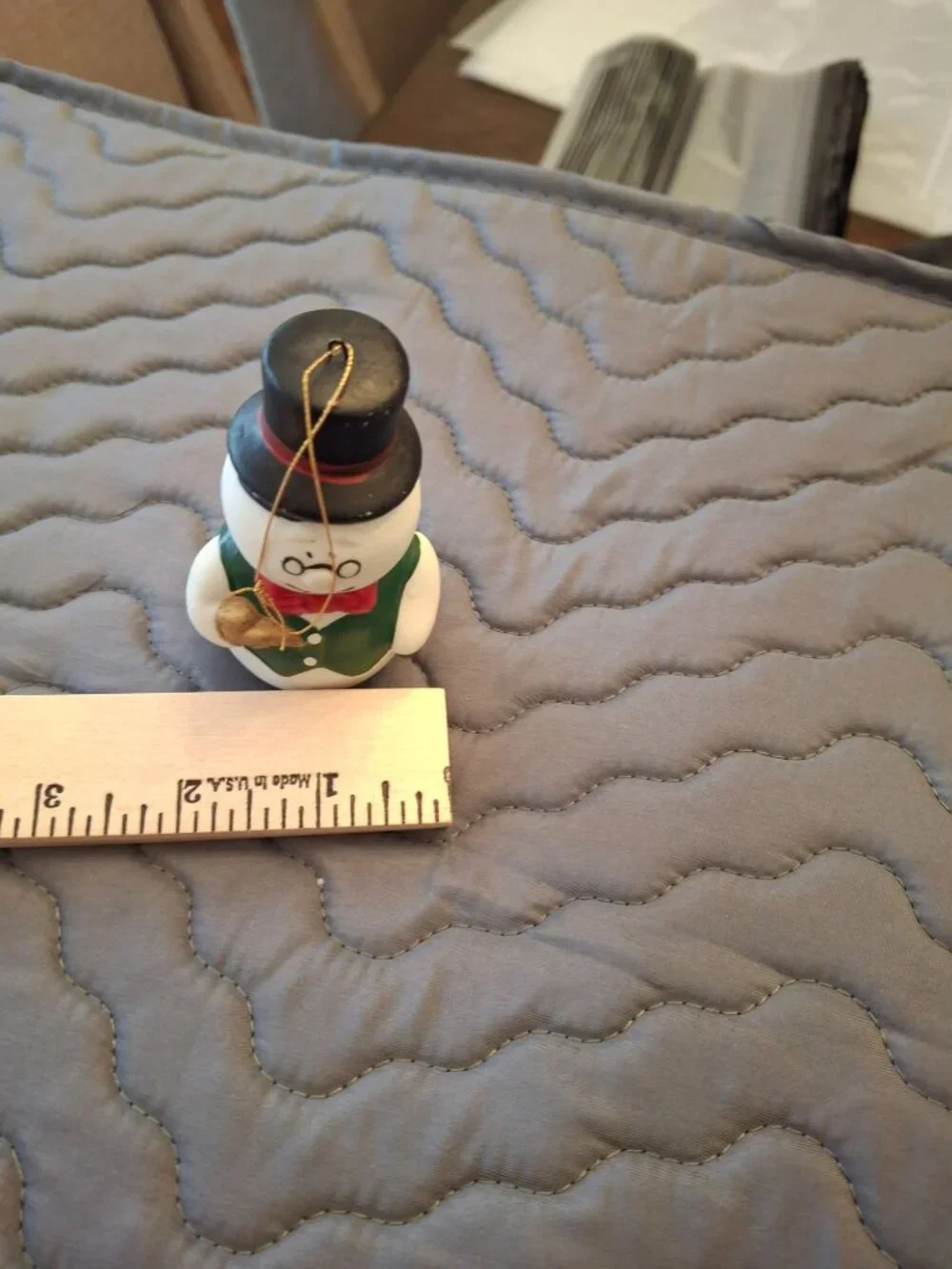 Vintage Snowman Christmas Ornament Mini Ceramic Figure Top Hat Gold Bell 3